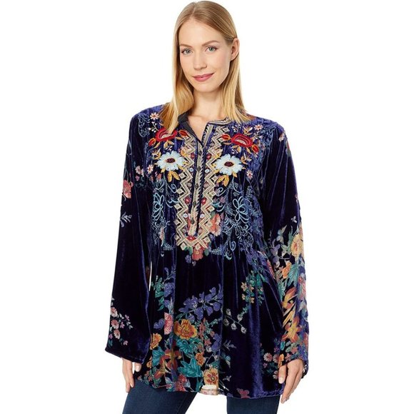 Johnny Was Bouquet Burnout Nephele Tunic Embroidered Floral Top Shirt Blue NEW - Picture 1 of 7